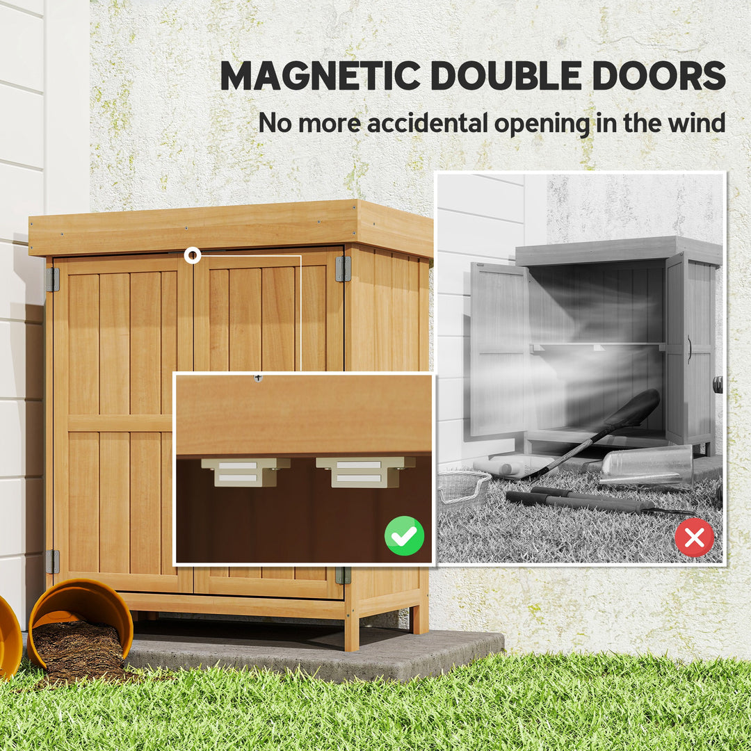 Small Shed, Wooden Garden Shed with Openable Hinged Roof and Removable Shelf, Outdoor Tool Storage Cabinet Chest with Double Doors, 74 x 43 x 88 cm, Natural Wood Finish