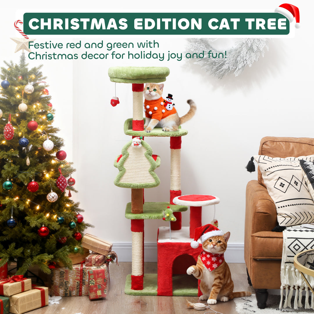 MCL Cat Tree, 120cm Christmas Cat Tower with 3 Scratching Posts, Scratching Board, 2 Perches, Platforms, Toys, Green