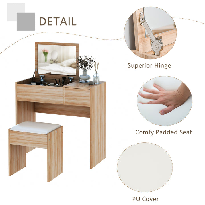 Dressing Table with Flip-Up Mirror and Cushioned Stool, Makeup Vanity Desk with Hidden Compartments and Storage Drawer, Convertible Writing Table for Bedroom, Natural