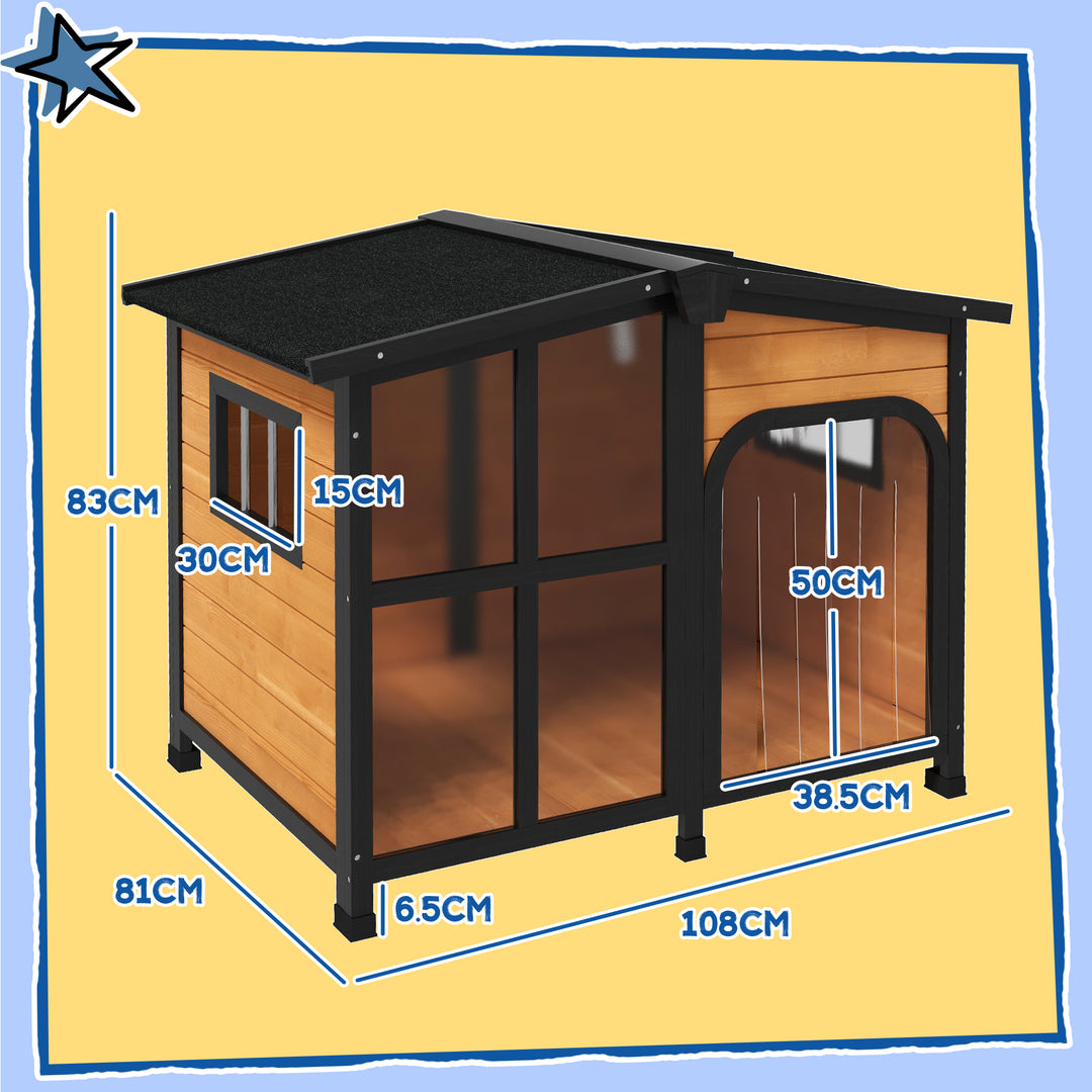 Wooden Dog Kennel with Removable Floor, Asphalt and Openable Roof, Large Window, for Large Dogs, Yellow