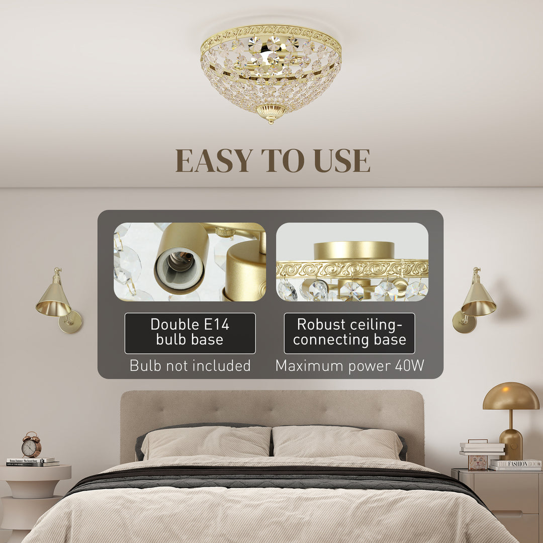 MCL Crystal Chandelier Ceiling Light with 168 Octagonal Beads, Vintage 2-Light Flush Mount Ceiling Light for Living Room, Bedroom, Hallway, Dining Room, Gold Tone