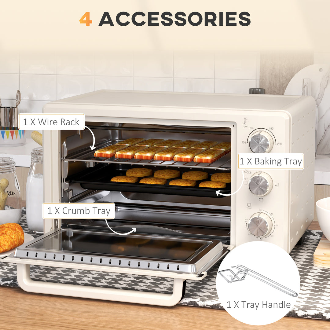 HOMCOM Mini Oven, 21L Countertop Electric Grill, Toaster Oven with Adjustable Temperature, Timer, Baking Tray and Wire Rack, 1400W, Cream | Aosom UK