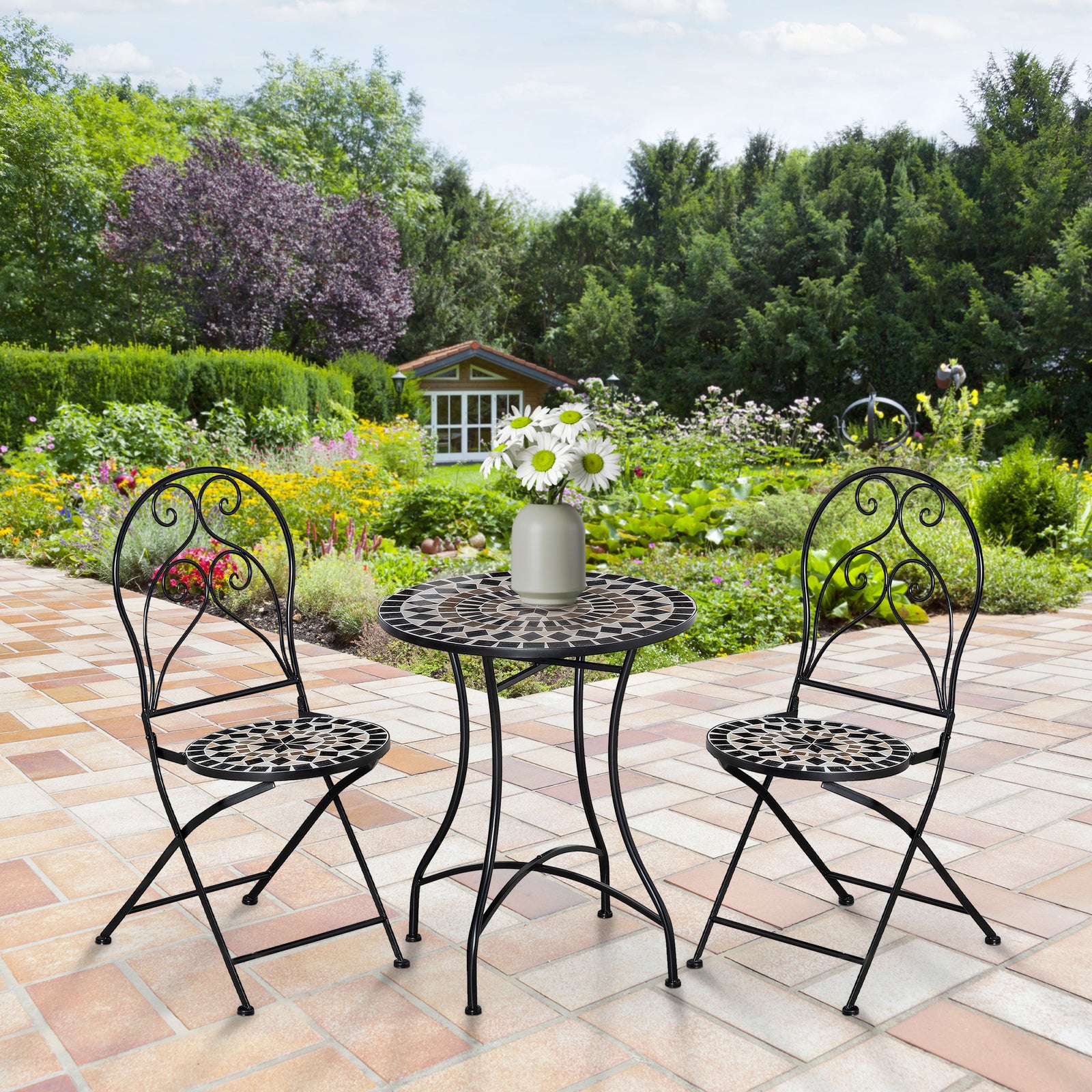 3 Pieces Garden Bistro Set with Coffee Table and 2 Folding Single Chairs, Mosaic Garden Table Top and Seats, Metal Frame, for Patio Balcony, Black