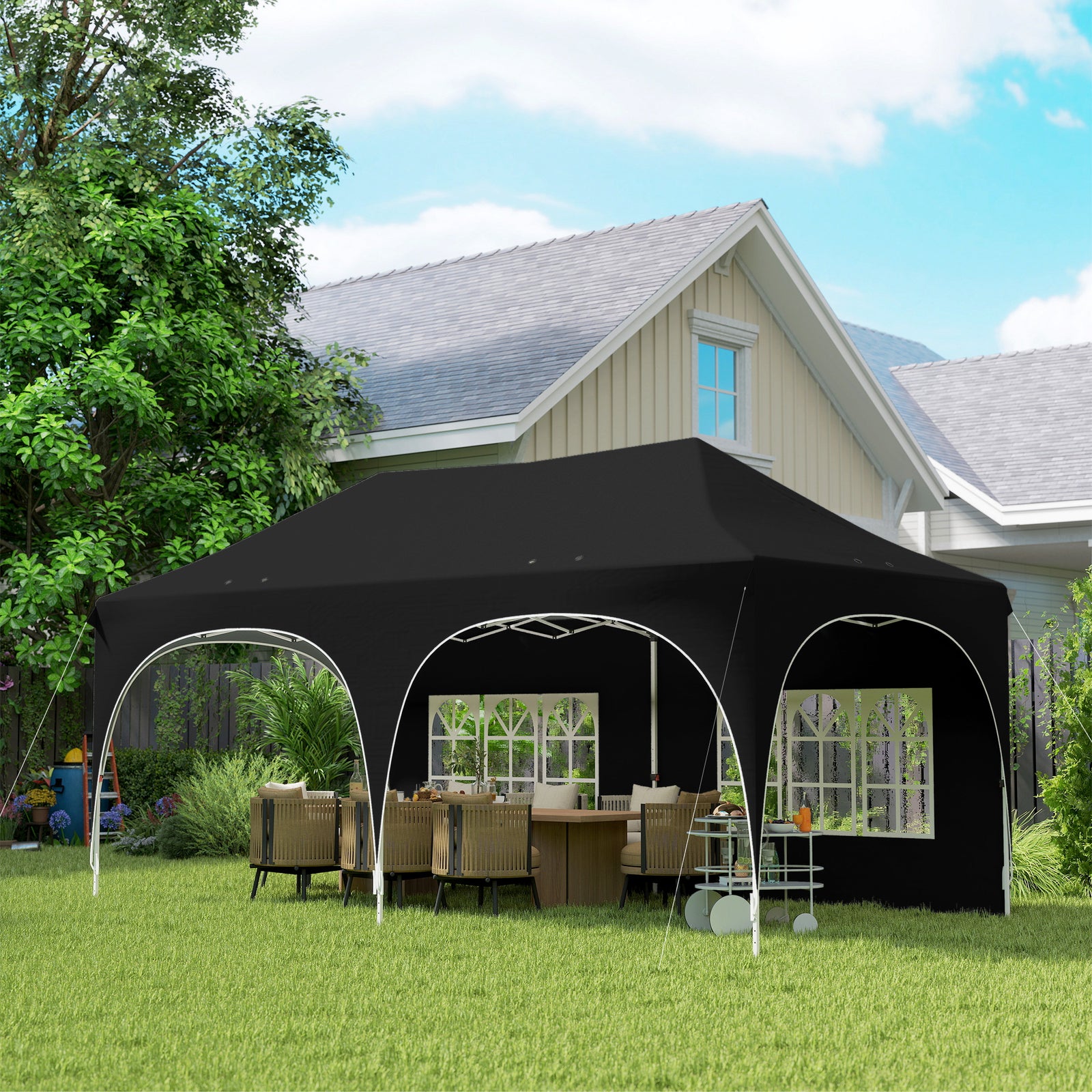 3 x 6m Pop Up Gazebo Shelter with Sides, 6 Sandbags, Peak Top Garden P