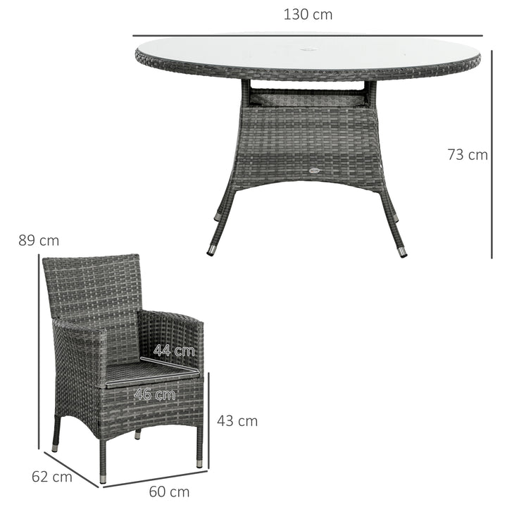 Seven-Piece Rattan Dining Table, with Round Glass-Top Table - Mixed Grey
