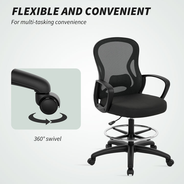 Drafting Chair with Adjustable Footrest, Ergonomic Mesh Office Chair with Lumbar Support, Adjustable Height for Standing Desk, Black