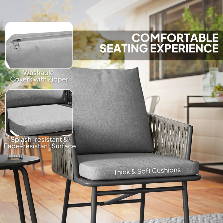 3-Piece Rattan Bistro Set, Garden Table and Chairs with 4 Cushions, Patio Rattan Conversation Furniture Set for Balcony, Porch, Terrace, Grey