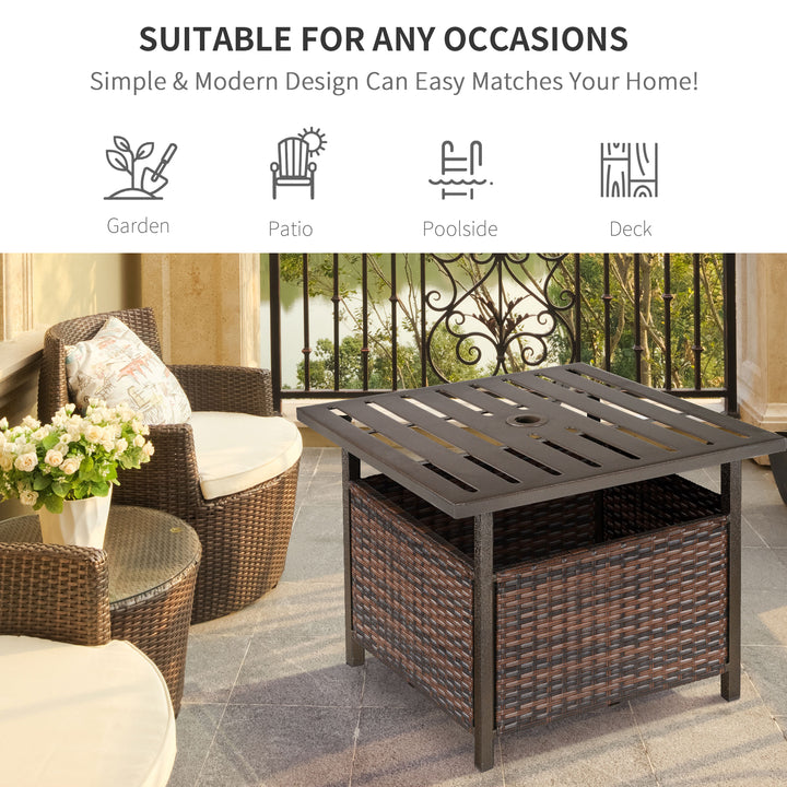 MCL Rattan Garden Coffee Table, 55.5 cm Square Wicker Patio Side Coffee Table with 4 cm Umbrella Hole, Metal Bottom and Slatted Top for Outdoor, Balcony, Brown