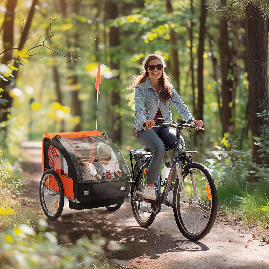 MCL 2 Seat Bike Trailer Bicycle wagon for Kids Child Steel Frame Safety Harness Seat Carrier Orange Black 130 x 76 x 88 cm
