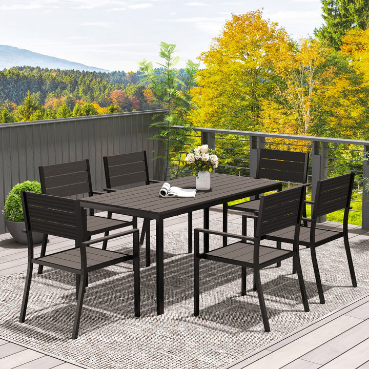 7 Piece Garden Furniture Set, 160 x 80 cm Rectangle Table and 6 Stackable Chairs Set, Outdoor Dining Set for Balcony, Deck, Dark Brown