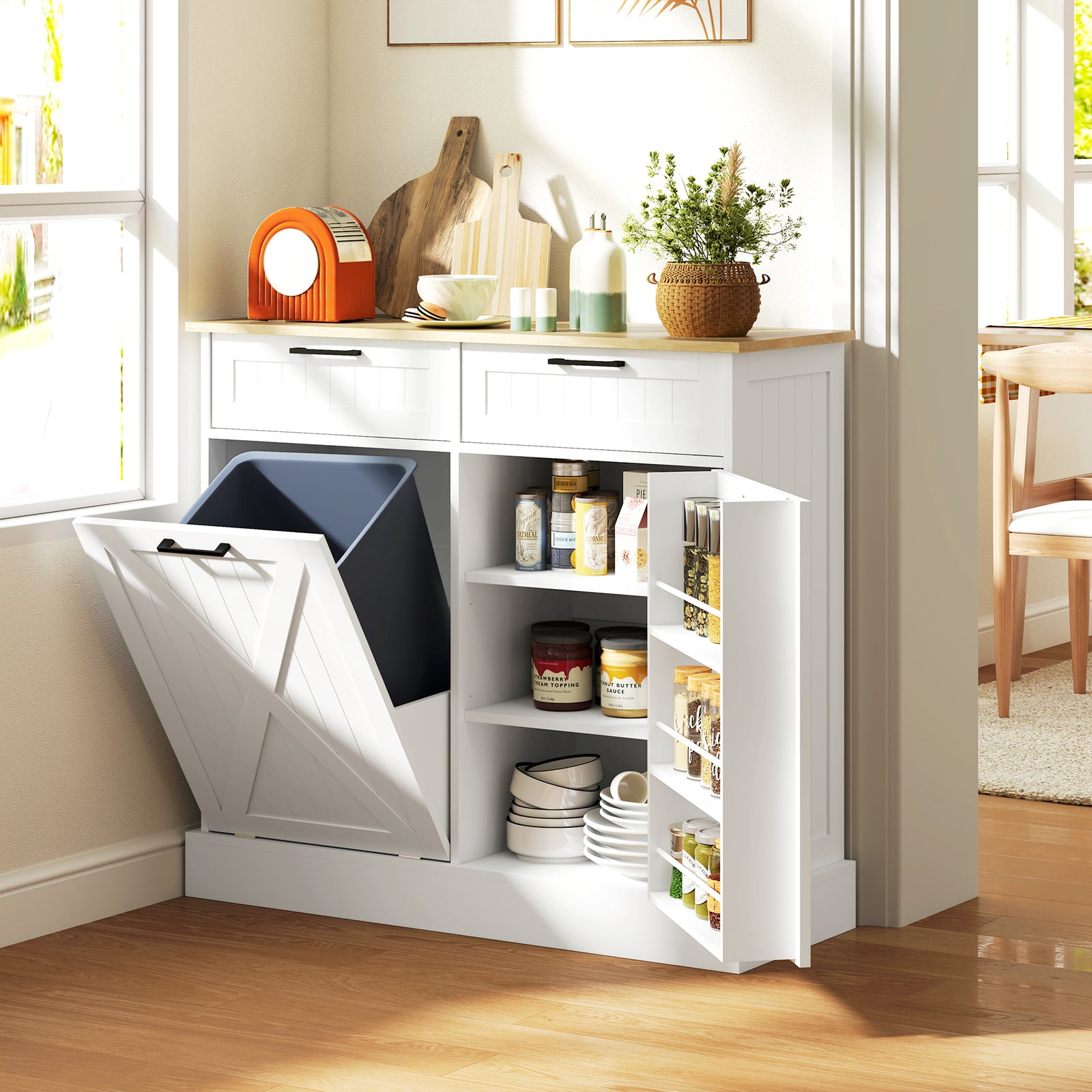 Sideboard with Tilt-out Trash Bin, Farmhouse Kitchen Sideboard with 2 