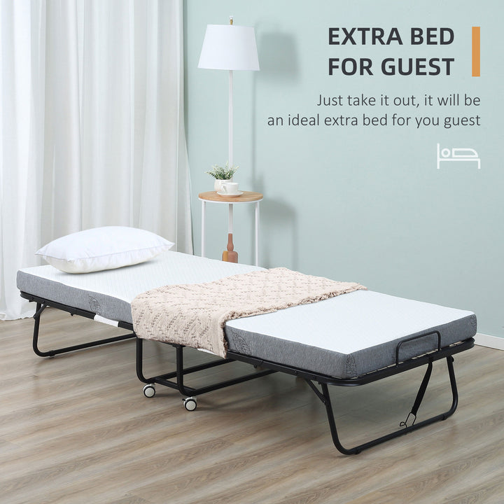MCL Folding Bed with 10cm Mattress, Portable Foldable Guest Bed with Sturdy Metal Frame on Wheels