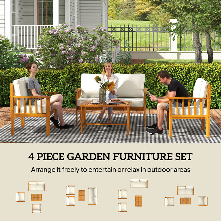 Four-Piece Acacia Wood Garden Sofa Set - Teak/Cream
