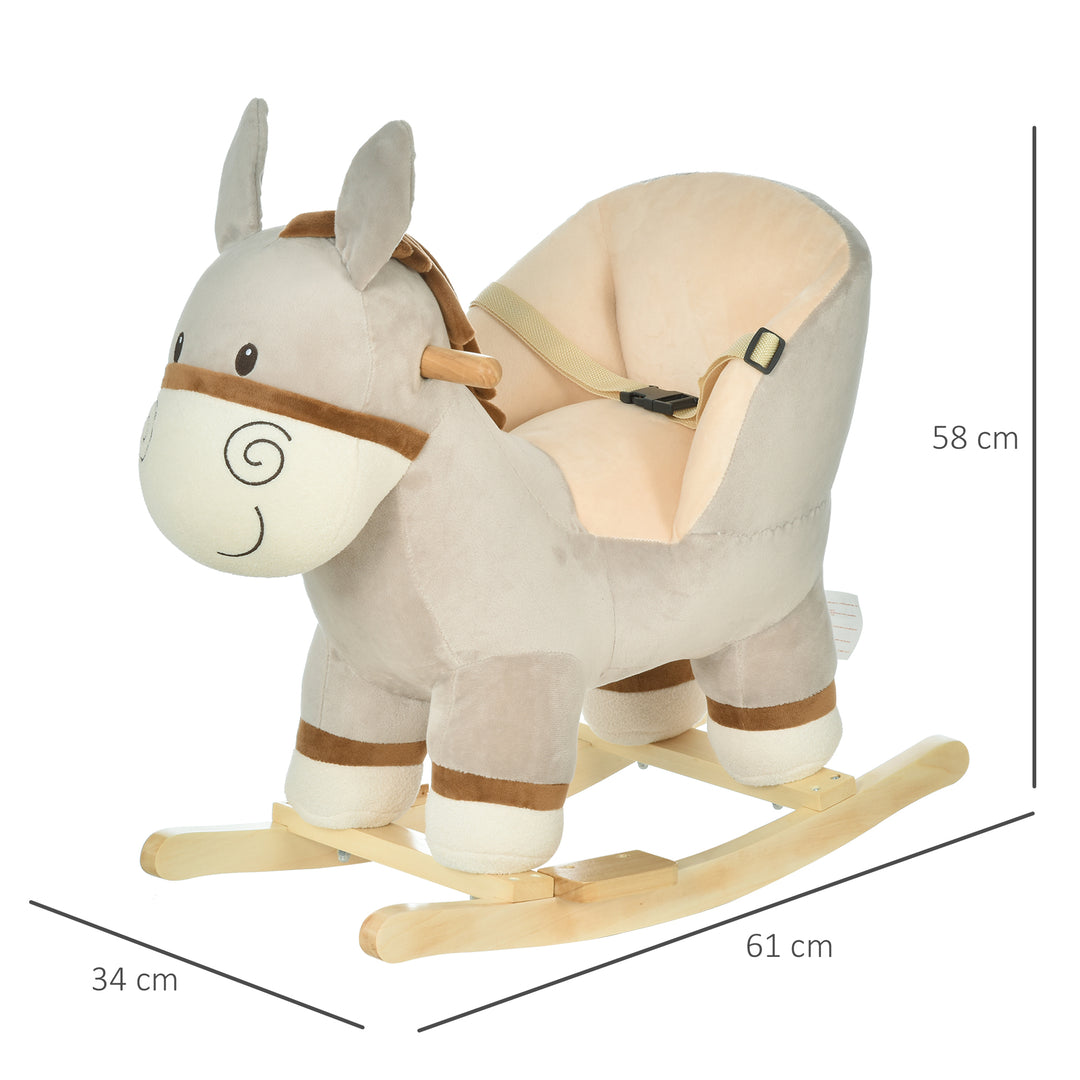 Kids Children Rocking Horse Plush Ride On Donkey Seat w/ Sound Wood Base Seat Safety Belt Toddler Baby Toy Rocker Grey 18 - 36 Months
