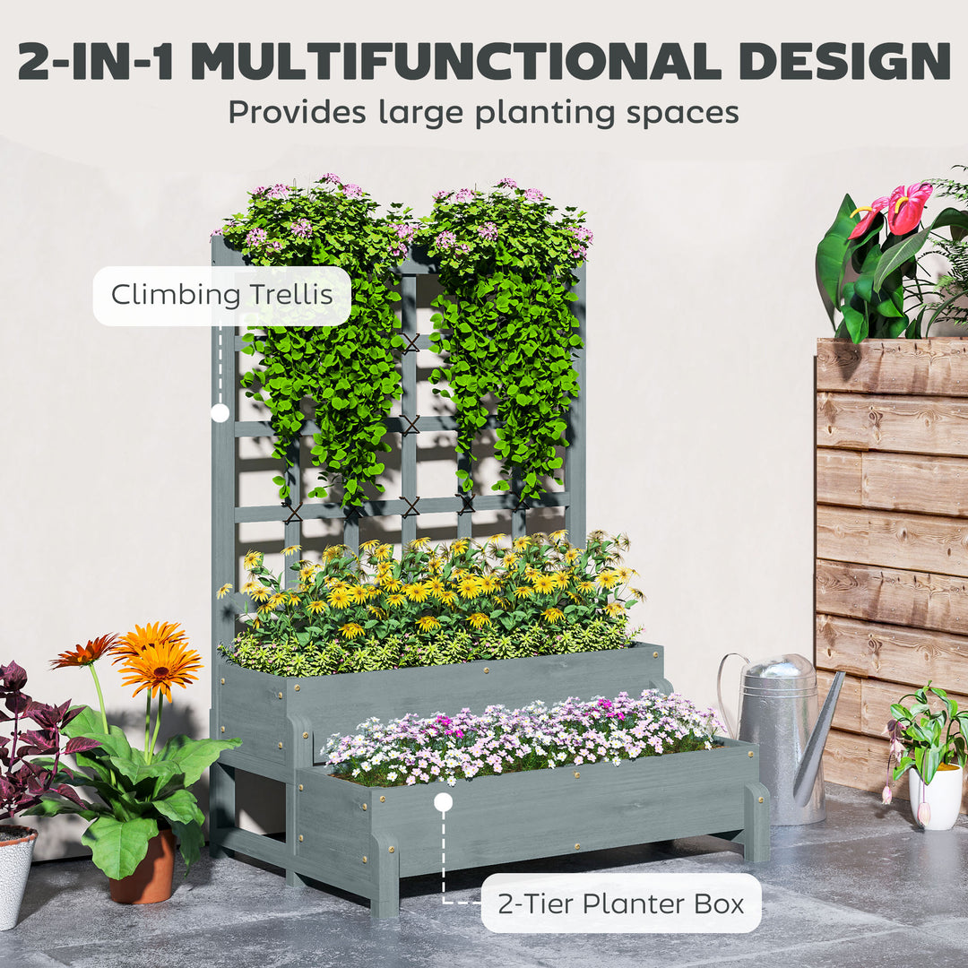 2-Tier Raised Garden Bed with Trellis, Wooden Elevated Planter Box with Drainage Holes, Outdoor Raised Planter for Climbing Plants, Fruits, Vegetables, Flowers, Grey