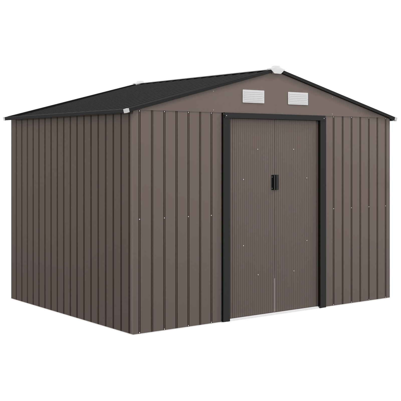 9 x 6ft Metal Garden Shed, Outdoor Storage Tool House with Ventilation Slots, Foundation Kit and Lockable Double Doors, Brown