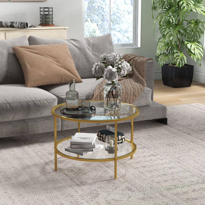 Round Coffee Table with Storage, 2-Tier Tempered Glass Coffee Table with Steel Frame for Living Room, Gold Tone