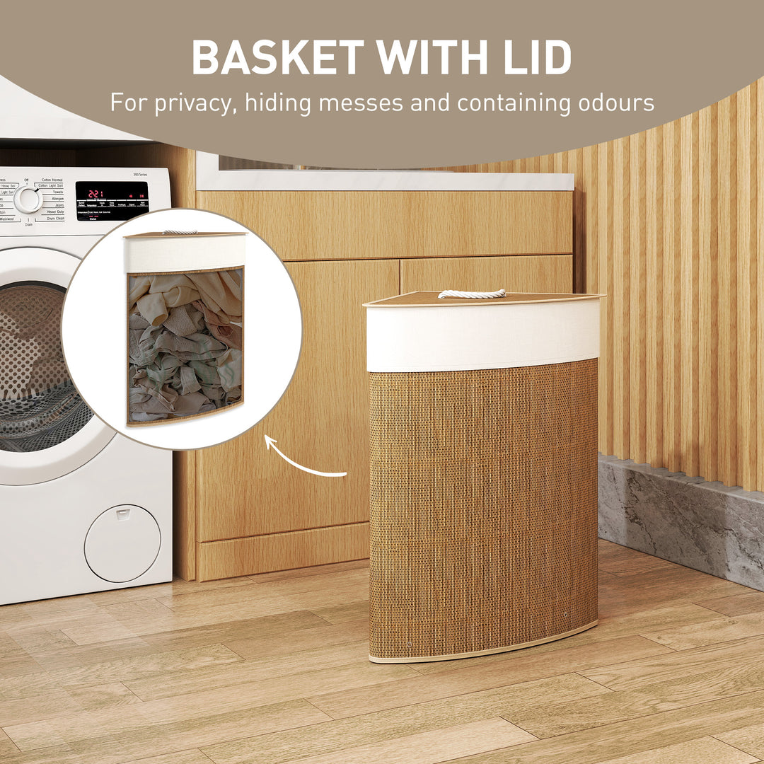 Bamboo Laundry Basket with Lid, 55L Corner Laundry Hamper with Removable Washable Liner Bag, Bathroom Triangle Washing Basket, 35 x 35 x 60 cm, Brown