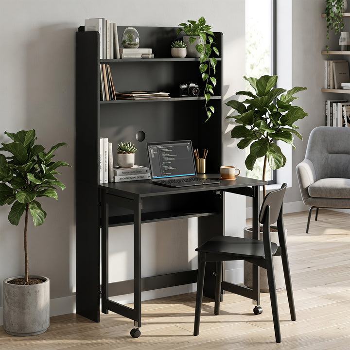Foldable Desktop, Computer Desk with Storage Shelves, 80 x 69 x 155 cm
