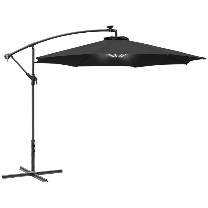 Outsunny 3(m) LED Banana Parasol Garden Cantilever Umbrella with Solar Lights, Crank Handle and Cross Base, Hanging Sun Shade, Black | Aosom UK