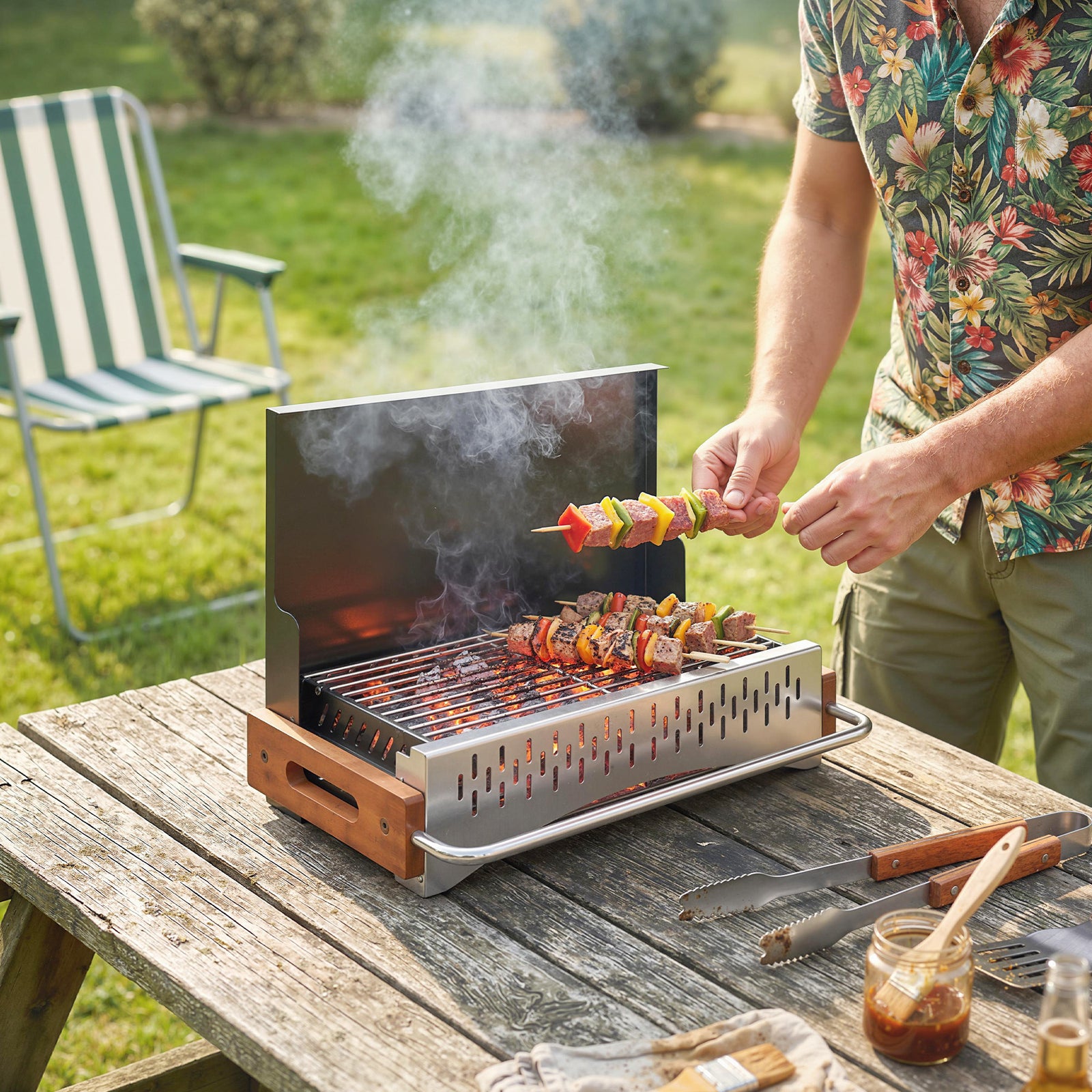 Portable BBQ Grill, Folding Charcoal Barbecue Grill with Removable Cha