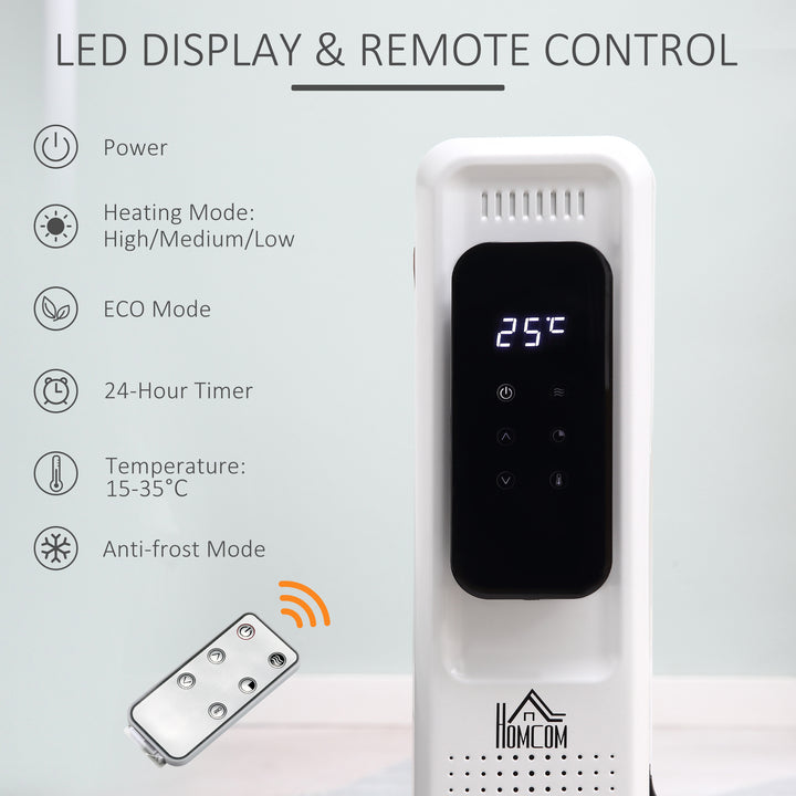 2500W Oil Filled Radiator, 11 Fin Portable Electric Heater with LED Display, 24H Timer, 3 Heat Settings, Adjustable Thermostat, Safety Cut off, Remote Control, White
