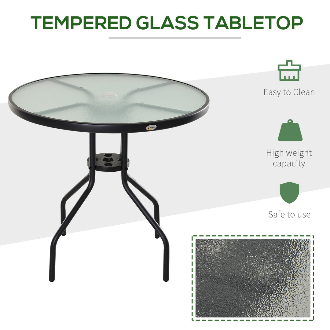 80 cm Round Garden Dining Table with Parasol Hole for 4, Outdoor Coffee Bistro End Side Table with Tempered Glass Top and Steel Frame for Patio, Porch, Black