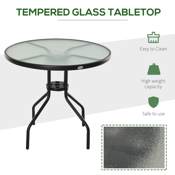 80 cm Round Garden Dining Table with Parasol Hole for 4, Outdoor Coffee Bistro End Side Table with Tempered Glass Top and Steel Frame for Patio, Porch, Black