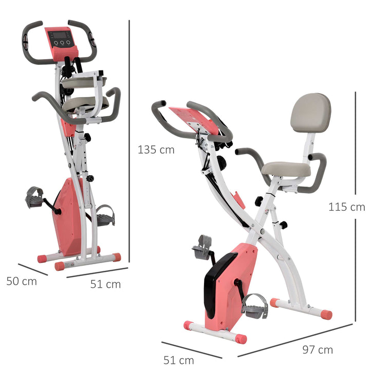 HOMCOM 2-in-1 Upright Exercise Bike Stationary Foldable Magnetic Recumbent Cycling with Arm Resistance Bands Pink | Aosom UK