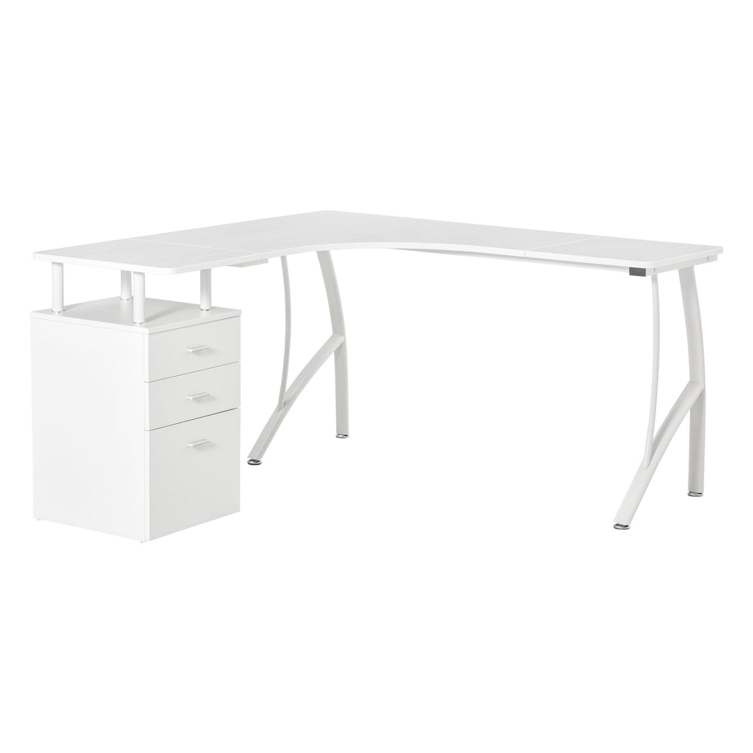 L-Shaped Computer Desk Table with Storage Drawer, Home Office Desk Corner Industrial Style Workstation for A4 Files 143.5 x 143.5 x 76cm, White