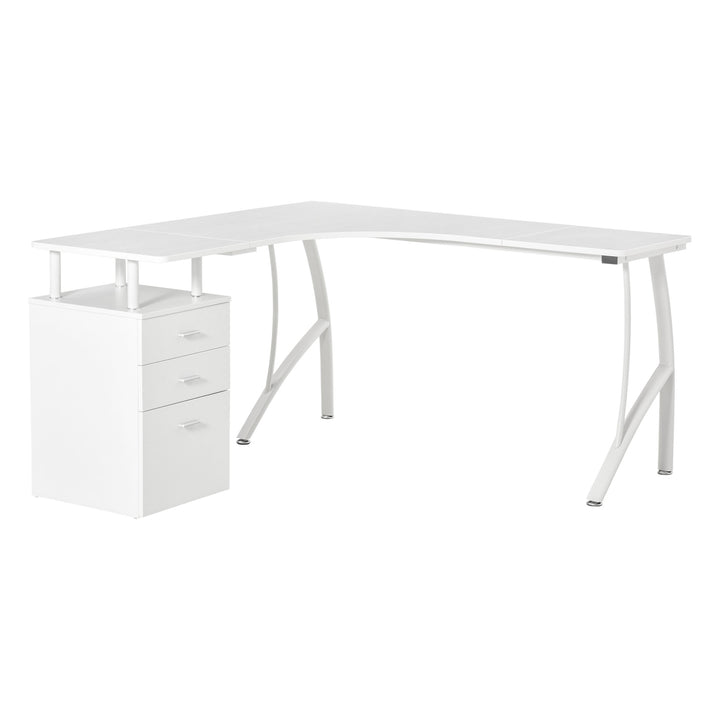 L-Shaped Computer Desk Table with Storage Drawer, Home Office Desk Corner Industrial Style Workstation for A4 Files 143.5 x 143.5 x 76cm, White