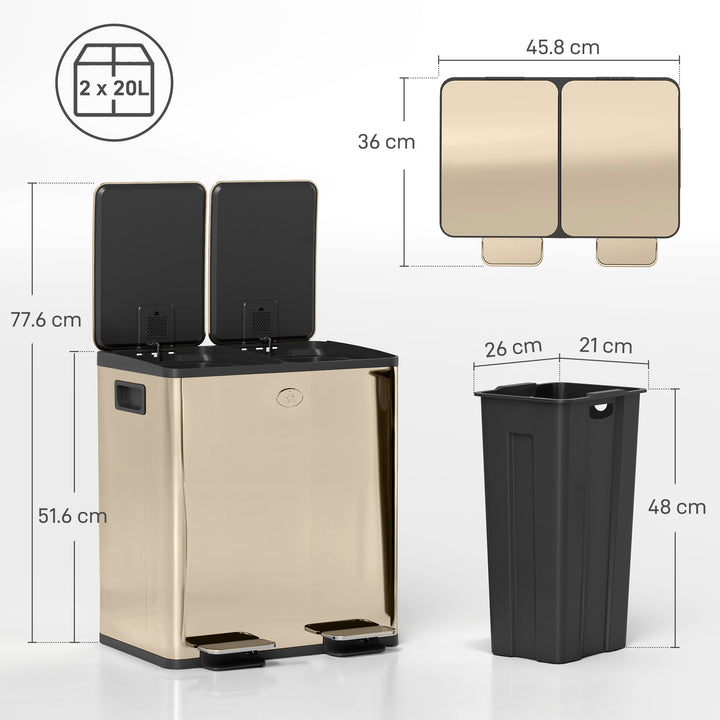 40L Dual Compartment Stainless Steel Bin, with Deodoriser Holders - Gold Tone