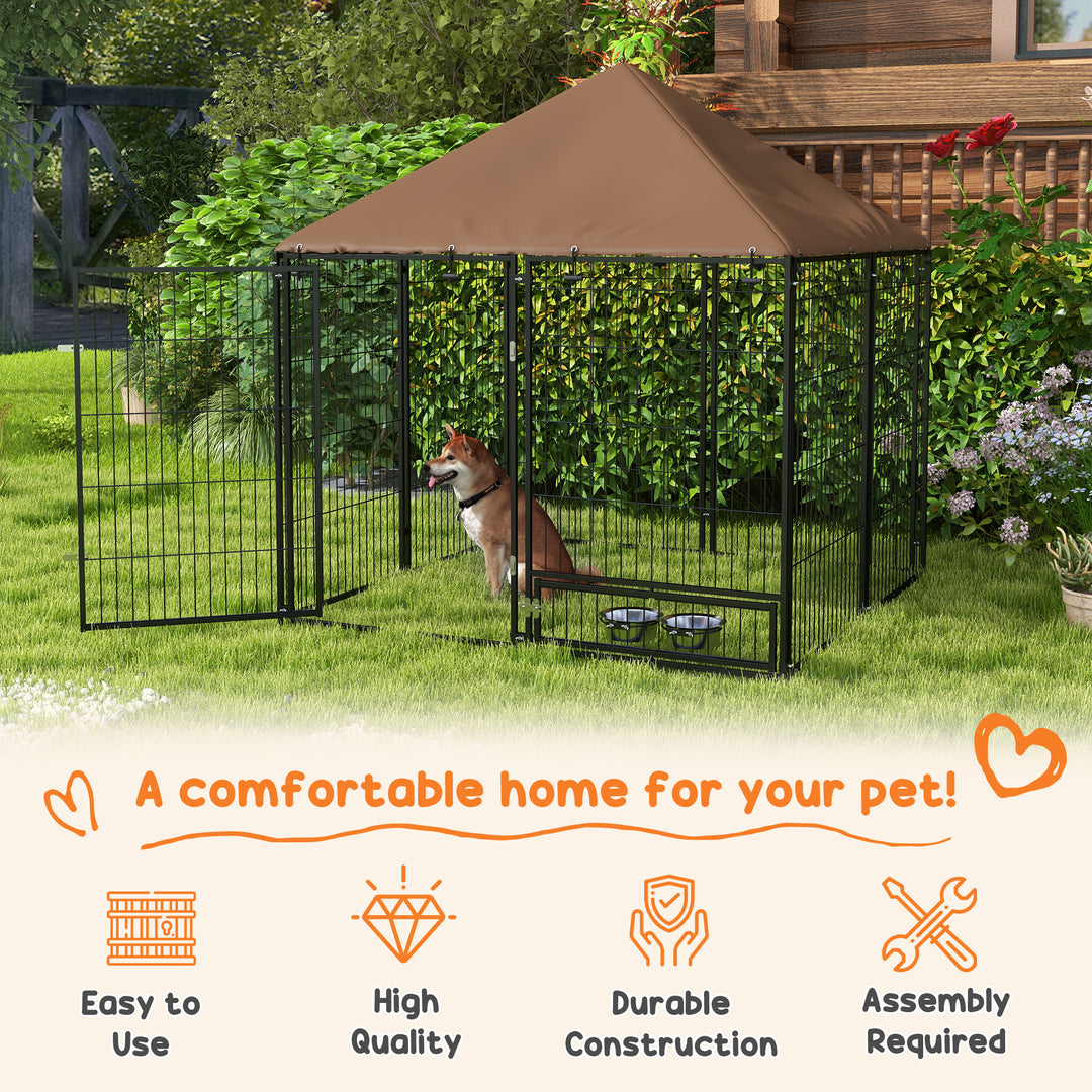PawHut Outdoor Dog Kennel Puppy Play Pen with Canopy Garden Playpen Fence Crate Enclosure Cage Rotating Bowl 141 x 141 x 151 cm