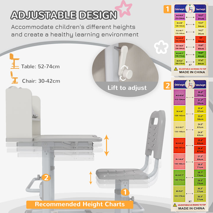 ZONEKIZ Height Adjustable Kids Study Table and Chair Set, with Drawer, Storage Shelf, 80 x 54.5 x 104 cm, Grey | Aosom UK