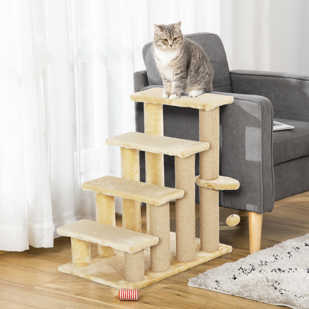 4-step Pet Stairs with Scratching Posts, Platforms, Toy Ball, Beige