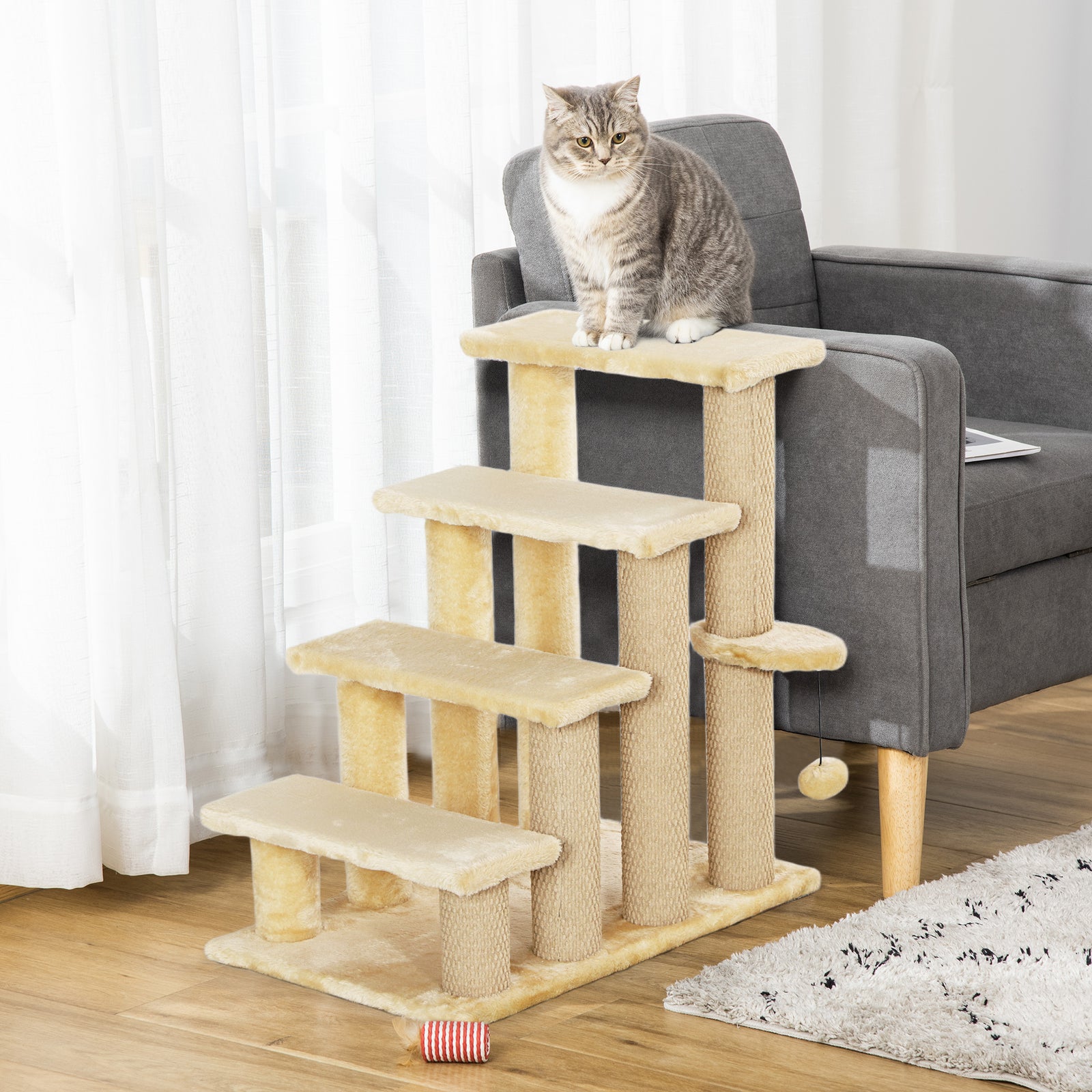 4-step Pet Stairs with Scratching Posts, Platforms, Toy Ball, Beige