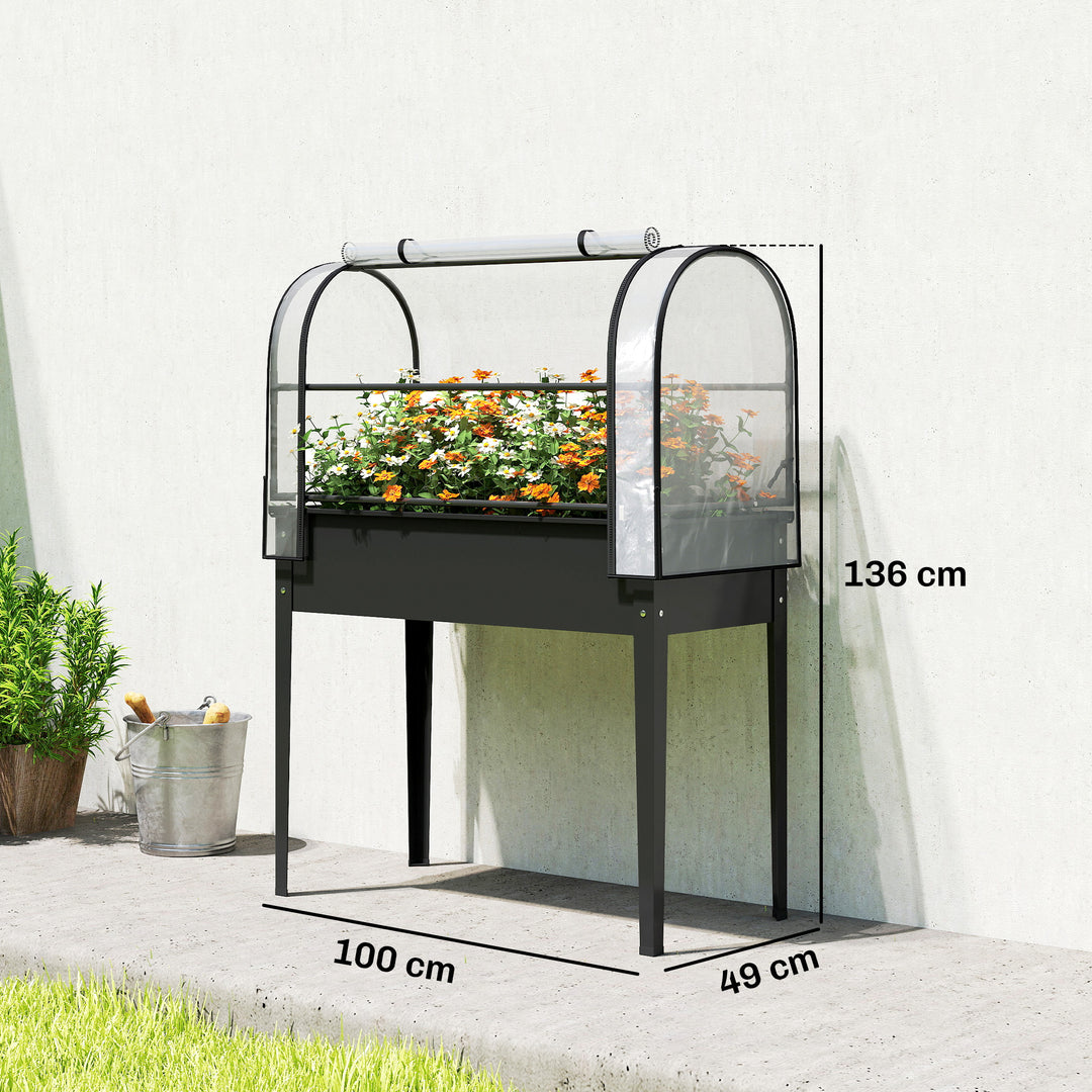Raised Planter with Flip-Up Greenhouse Cover, Metal Raised Garden Bed 