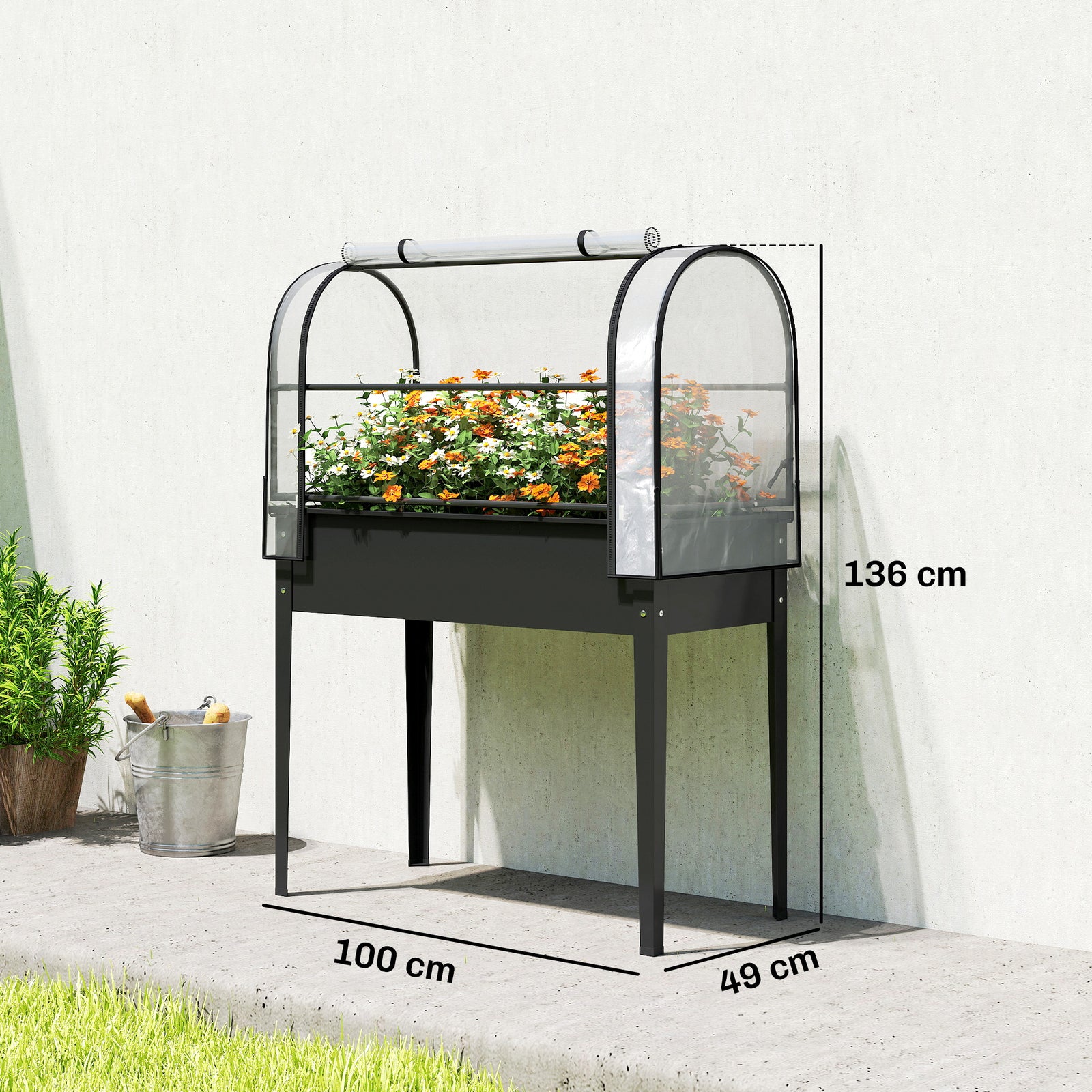 Raised Planter with Flip-Up Greenhouse Cover, Metal Raised Garden Bed 