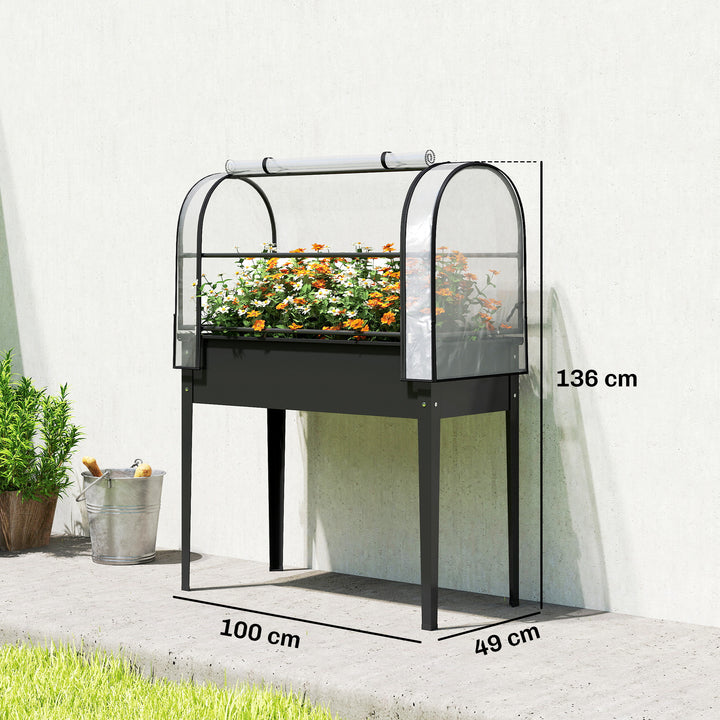 Raised Planter with Flip-Up Greenhouse Cover, Metal Raised Garden Bed 
