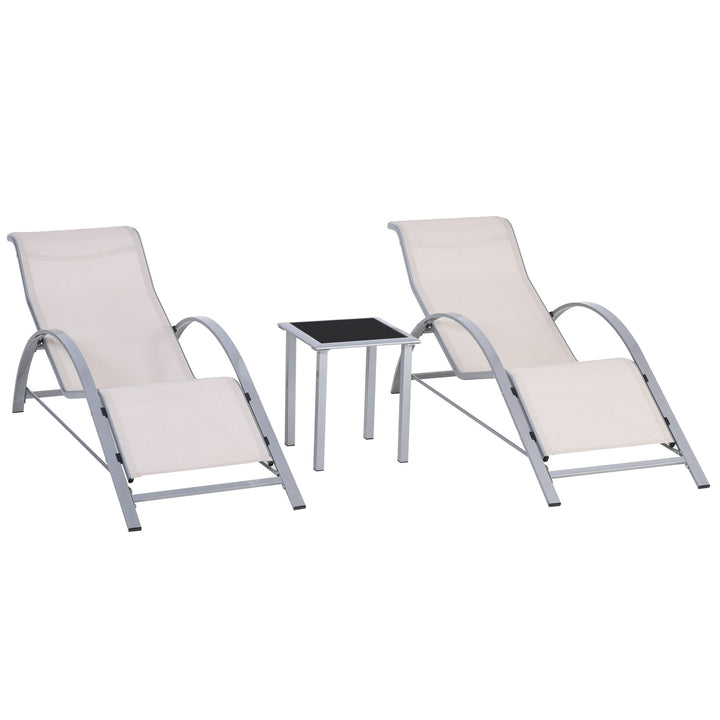 Outsunny 3-Piece Lounger Set: Metal-Framed Outdoor Recliners with Side Table, Cream, for Sunbathing Bliss | Aosom UK