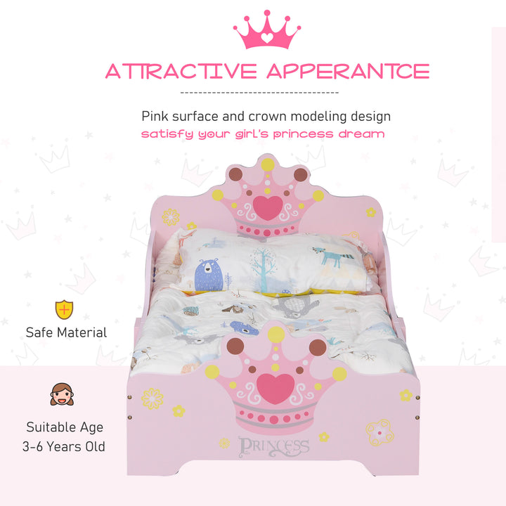 Kids Toddler Bed Princess Crown Theme Safety Side Rails Slats Home Bedroom Furniture Boys Girls 3-6 Yrs Pink 143 x 73 x 60 cm