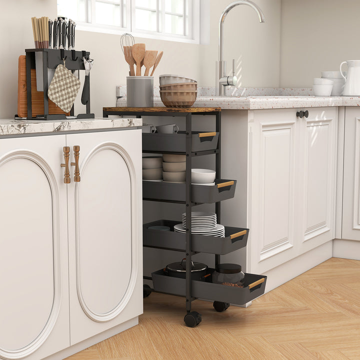 5-Tier Storage Trolley on Wheels - Black