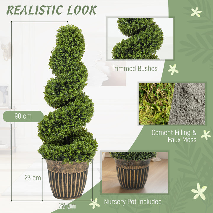 Set of 2 Artificial Plants, Topiary Spiral Boxwood Trees with Pot, for