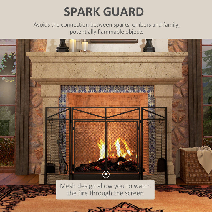 3 Panel Folding Fire Guard Screen with Fireplace Tool Sets and Front Doors, Freestanding Fire Screen Spark Guard with Feet for Open Fire, Log Burner, Fireplace, 122 x77 cm, Black