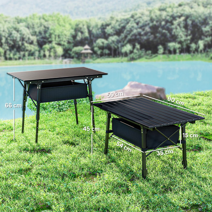 Folding Camping Table, 90 x 55 cm Height Adjustable Portable Collapsible Table, 3ft Lightweight Aluminium Rollup Picnic Table with Storage Basket for Outdoor Garden Party BBQ, Black