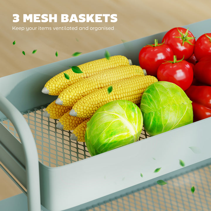3-Tier Storage Trolley on Wheels, Rolling Utility Cart with Mesh Backets for Kitchen, Bathroom, Bedroom