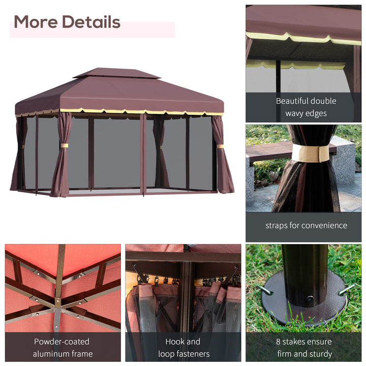 3 x 4m Aluminium Garden Gazebo, Marquee Canopy Shelter Pavilion Party Tent with Nets and Curtains for Garden and Deck, Coffee