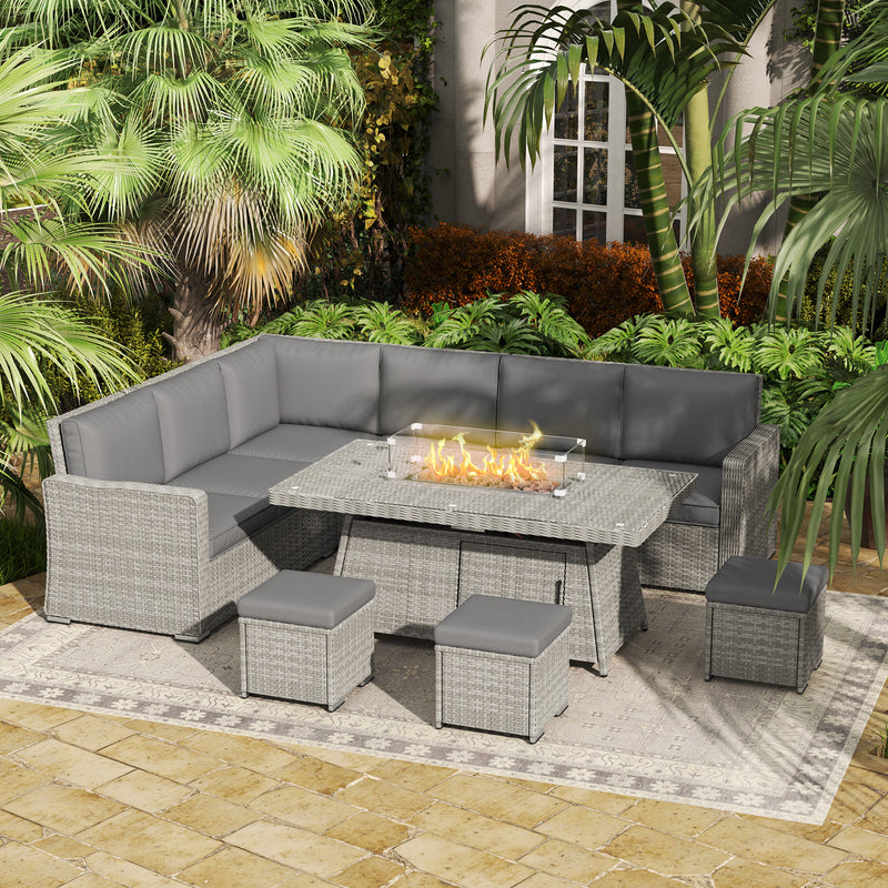 Seven-Piece Firepit Table Rattan Sofa Set - Grey