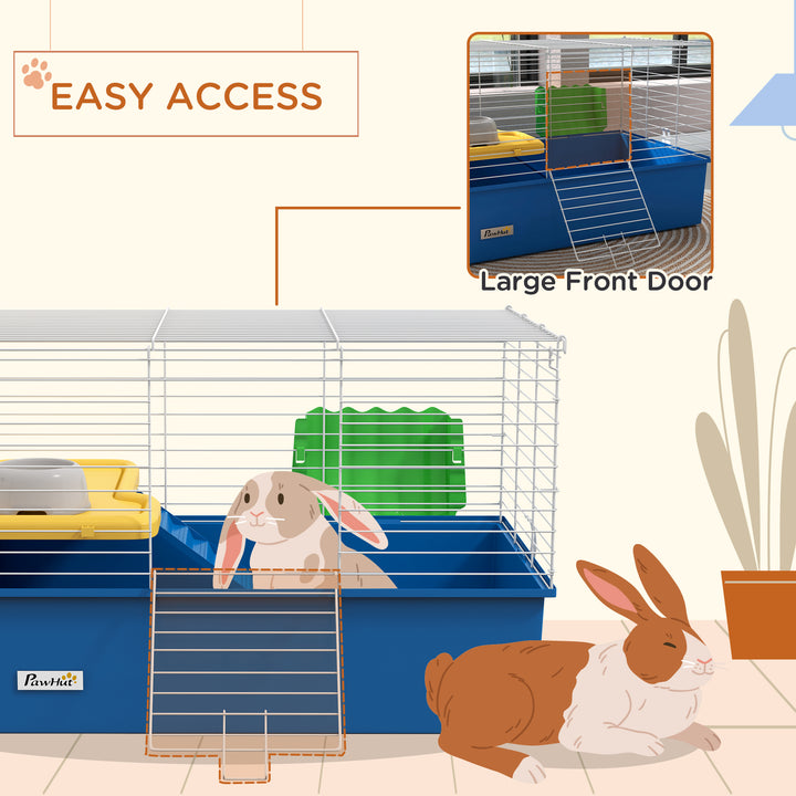 PawHut Chinchillas Small Rabbit Guinea Pig Small Animal Cage, Pet Playhouse, with Platform, Ramp, 71 x 46 x 47cm, Blue | Aosom UK