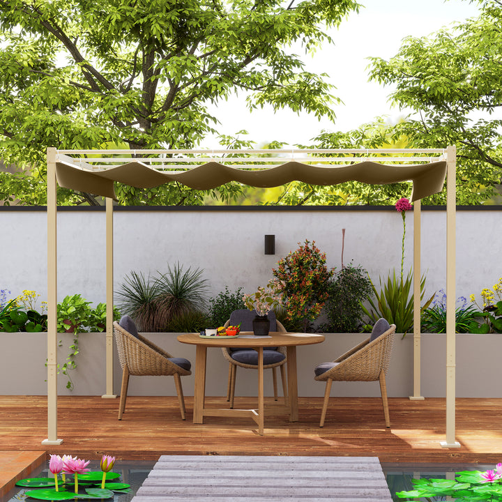Outsunny 3 x 3(m) Garden Pergola with Retractable Roof and Magnetic Fixture, Outdoor Gazebo Pergola Kit Sun Shade Canopy, UPF30+, Khaki